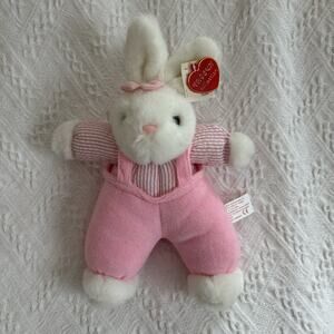 NOS Vintage Chosun White Bunny Rabbit Pink Terry Cloth Overalls Plush 13"